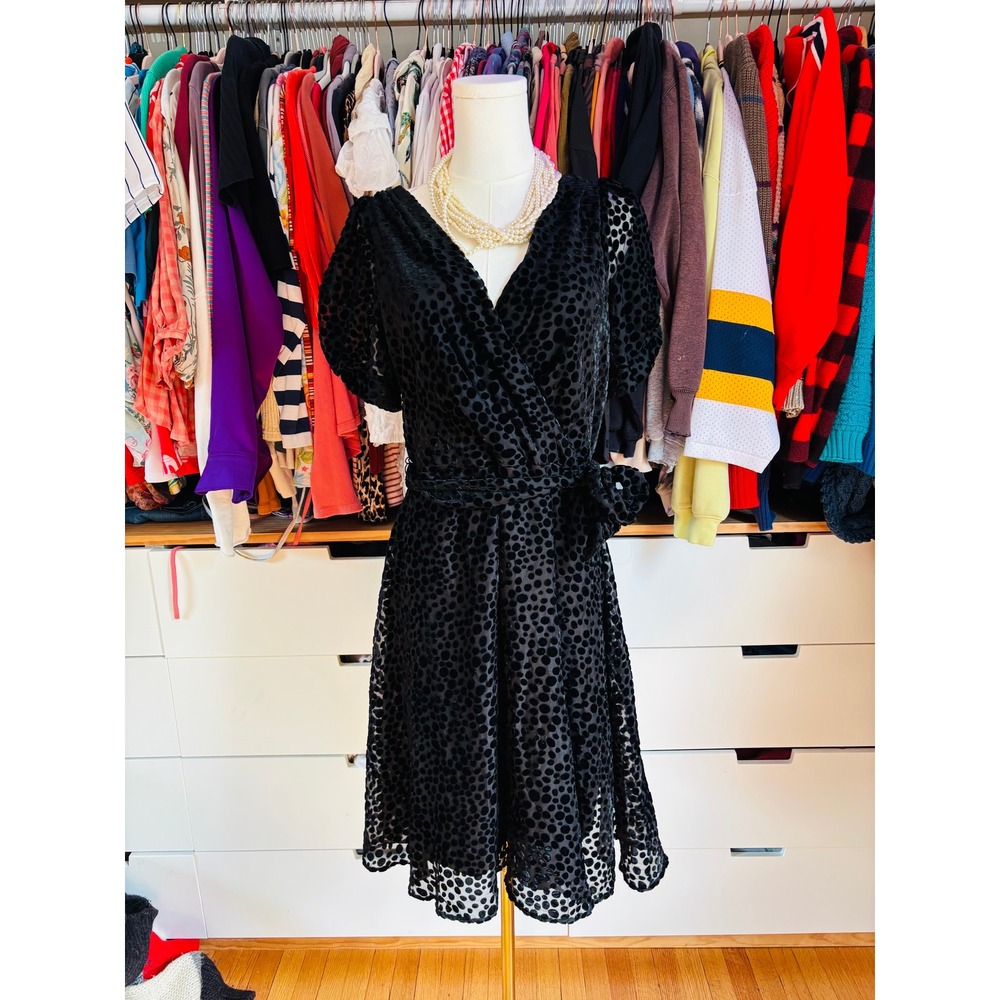 DKNY Wrap Dress Womens 12 Black Polka Dot Burnout Velvet Puff Sleeve A-Line